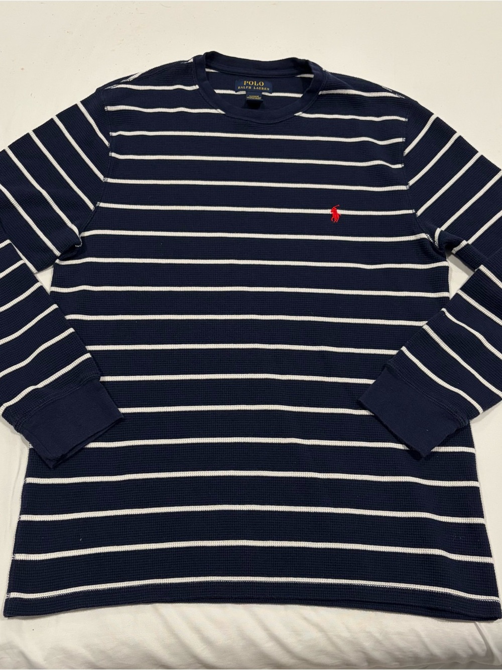 Polo by Ralph Lauren Navy and White Striped Crewneck Sweater with Red Pony